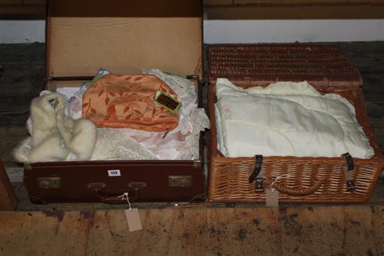 Hamper with linen & a suitcase